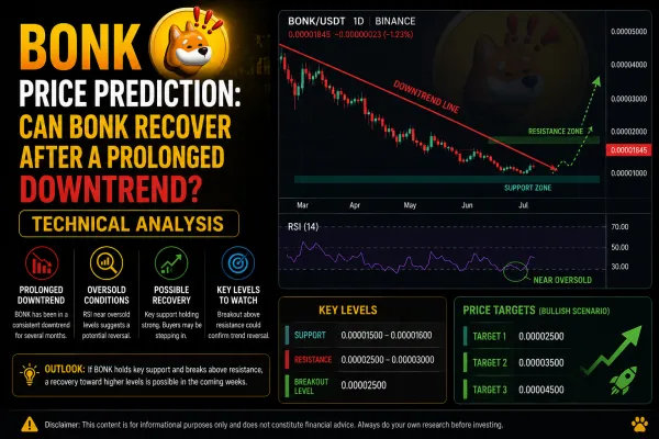 BONK price prediction chart analysis showing support, resistance, moving averages, and market trend on multiple timeframes.