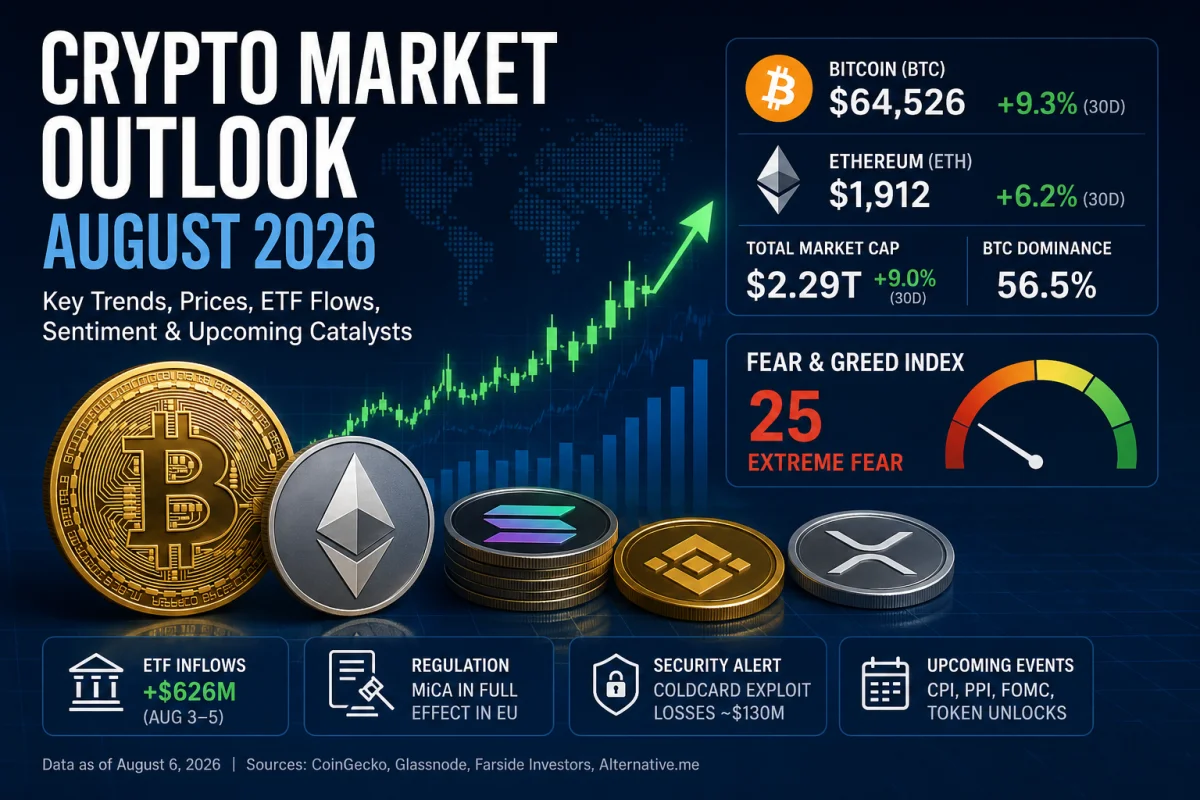 Crypto market outlook for August 2026 showing Bitcoin, Ethereum, altcoin charts, ETF inflows and market sentiment