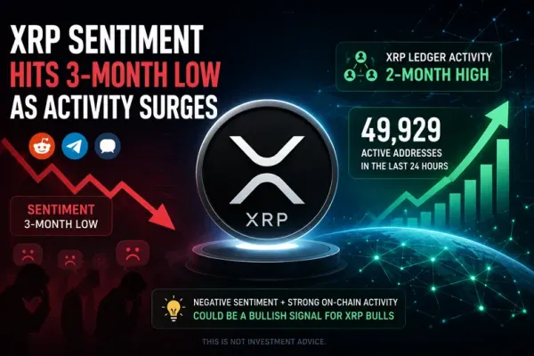 XRP sentiment has reached a 3-month low, but XRP Ledger activity is rising sharply. Nearly 50,000 active addresses could provide a positive signal despite growing investor pessimism.
